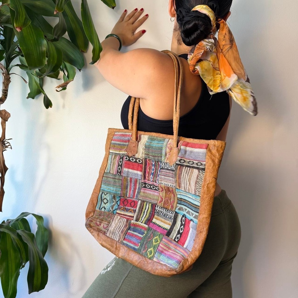 Handmade Nepal Patchwork Leather Shoulder Tote Bag Whimsygoth Boho Brown Multi